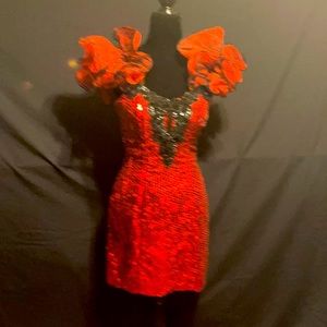 Red Sequined 80s Loralie prom dress. Pouf cupcake sleeve, 1980s dress